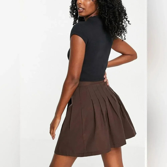 ASOS Y2K Mini Pleated Tennis Mini Skirt Brown Small Schoolgirl Wrap High Rise - Picture 4 of 6
